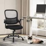 Sweetcrispy Office Computer Desk Chair, Ergonomic Mid-Back Mesh Rolling Work Swivel Task Chairs with Wheels, Comfortable Lumbar Support, Comfy Flip-up Arms for Home, Bedroom, Study, Student, Black