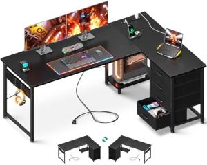 AODK L Shaped Gaming Desk with 4 Drawers, 61" Reversible Home Office Desks with Power Outlets, L Shaped Computer Desk with USB Charging Port and Host Stand, Corner Desk, Easy to Assemble, Black