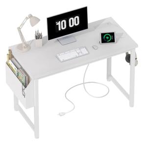 Lufeiya White Computer Desk with Power Outlet, 40 inch Simple Teen Study Table Home Office Work Writing Desks with Charging Station Outlets USB Port Built in, Storage Pocket，White