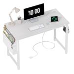 Lufeiya White Computer Desk with Power Outlet, 40 inch Simple Teen Study Table Home Office Work Writing Desks with Charging Station Outlets USB Port Built in, Storage Pocket，White