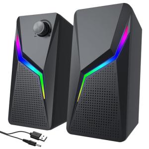 AYJBKL Computer Speakers, PC Speakers for Desktop with 6 Lighting Modes, PC Gaming Accessories, Stereo Sound Desktop Computer Speakers with 2 Bass-Boost Ports, USB Powered 3.5mm AUX Cable