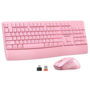 MEETION Wireless Keyboard and Mouse, Full-Sized Cordless Keyboard with Wrist Rest and 3 DPI Adjustable Mouse, Keyboard and Mouse Set with 2.4GHz USB Receiver, for PC/Computer/Laptop/Windows/Mac, Pink