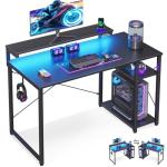 MOTPK 40 Inch Small Gaming Desk with Storage & Led Lights, Computer Desk with Shelf, Reversible Gamer Desk with Adjustable Monitor Stand, Carbon Fiber Texture Black
