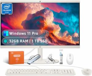 HP All in one Desktop PC with Office Lifetime License, 21.5" FHD Display, 32 GB RAM, 1 TB SSD, Intel Celeron J4025, Webcam, Intel Graphics, Wi-Fi 6, Bluetooth, HDMI, Windows 11 Pro w/RH- Accessories