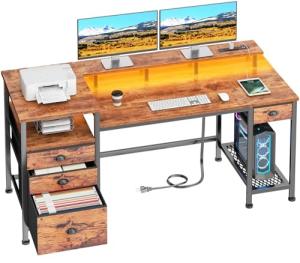 Furologee 60" Computer Desk with 4 Drawers and Printer Space, Gaming Desk with LED Lights and USB Power Outlets, Office Desk with Fabric File Cabinet, Work Table with Shelf for Bedroom, Rustic Brown