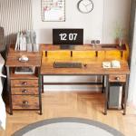 Furologee 60" Computer Desk with 4 Drawers and Printer Space, Gaming Desk with LED Lights and USB Power Outlets, Office Desk with Fabric File Cabinet, Work Table with Shelf for Bedroom, Rustic Brown