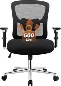 Sweetcrispy Big and Tall Office Desk Chair with Lumbar Support, 500lbs Heavy Duty Mesh Ergonomic Computer Chair with 4D Armrest and Wide Comfy Seat, Wheels for Adult