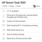 HP Smart Tank 7001 Wireless All-in-One Ink Tank Printer, Scanner, Copier with 2 years of ink included, Best for home office, Refillable, AI-enabled, Wireless printer for home use (28B49A)