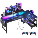 ODK 58 Inch Gaming Desk with USB Charging Ports and LED Lights, Reversible L Shaped Computer Desk with Storage Shelves & Monitor Stand, Corner Gamer Desk Table with Power Outlets, Black