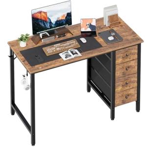Lufeiya 47 inch Computer Desk with 4 Fabric Drawers, Reversible Writing Work Study Desk for Home Office Bedroom, Modern Simple Student PC Desks, Rustic Brown