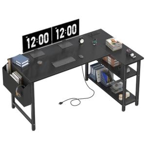 Lufeiya L Shaped Computer Desk with Power Outlet Shelves, 47 Inch Corner Desk for Home Office Bedroom, L-Shaped Study Writing Working PC Desks, Black