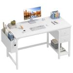 Lufeiya White Computer Desk with Drawers - 47 Inch PC Desk for Small Space Bedroom Home Office, Modern Simple Study Writing Table Desks with Storage Shelf, White