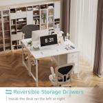 Lufeiya Small White Desk with Drawers for Bedroom, 40 Inch Kids Girls Study Desks, Reversible Computer Writing Nail Table with Fabric Drawer for Small Spaces Home Office Manicure