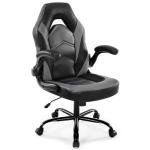 DUMOS Computer Game Desk Chair - Ergonomic PU Leather Lumbar Support, Height Adjustable High Back Video Game with Flip-up Armrest, Rolling Swivel for Adults, Deep Grey