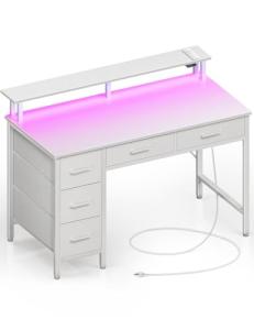 Seventable Computer Desk with Power Outlets & LED Light, 39 inch Home Office Desk with 5 Drawers, Writing Desk with Monitor Stand, Work Desk for Home Office, White