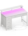 Seventable Computer Desk with Power Outlets & LED Light, 39 inch Home Office Desk with 5 Drawers, Writing Desk with Monitor Stand, Work Desk for Home Office, White