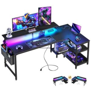 ODK 58 Inch Gaming Desk with USB Charging Ports and LED Lights, Reversible L Shaped Computer Desk with Storage Shelves & Monitor Stand, Corner Gamer Desk Table with Power Outlets, Black