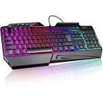 TECKNET Wired RGB Gaming Keyboard - 26-Key Anti-Ghosting, 13 Lighting Modes, Spill-Resistant, 108 Membrane Keys, Plug & Play - with Ergonomic Wrist Rest & Phone Holder for Windows/Mac (Black)