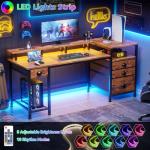 Furologee 60" Computer Desk with 4 Drawers and Printer Space, Gaming Desk with LED Lights and USB Power Outlets, Office Desk with Fabric File Cabinet, Work Table with Shelf for Bedroom, Rustic Brown