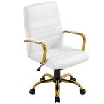 Yaheetech Mid-Back Office Chair PU Leather Desk Chair Adjustable Executive Task Chair w/Lumber Support Gold Leg White Seat