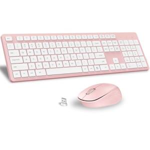 LeadsaiL Pink Wireless Keyboard and Mouse Combo, Full-Sized Ergonomic Computer Keyboard, 2.4GHz Cordless Keyboard Silent Mouse Set with 2-in-1 USB Receiver, 12 FN Shortcuts for Windows Laptop, PC/Mac