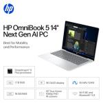 HP OmniBook 5 14 inch Next Gen AI PC, OLED Display, Snapdragon X Plus X1P-42-100, 16 GB RAM, 1 TB SSD, Qualcomm Adreno GPU, Windows 11 Home, Copilot+ PC, Glacier Silver, 14-he0099nr