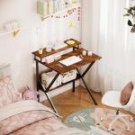 ODK Small Desk, 27.5 Inch Computer Desk for Small Spaces, Kids Desk with Storage, Study Table with Monitor Stand for Homeschool, Deep Brown