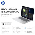 HP OmniBook 5 16 inch Next Gen AI PC, 2K Touchscreen, Snapdragon X Plus X1P-42-100, 16 GB RAM, 512 GB SSD, Qualcomm Adreno GPU, Windows 11 Home, Copilot+ PC, Glacier Silver, 16-fb0000nr