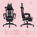 Dowinx Gaming Chair Cute with Cat Ears and Massage Lumbar Support, Ergonomic Computer Chair for Girl with Footrest and Headrest, Comfortable Reclining Game Chair 290lbs for Adult, Teen, Black