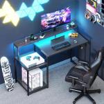 AODK Computer Desk, 48 Inch Gaming Desk with Led Lights & Power Outlet, Office Desk with Storage Shelves, Reversible Desk with Monitor Shelf & Headphone Hook, Carbon Fiber Black