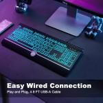 Large Print Backlit Computer Keyboard, 7-Color Backlit Keyboard with Wrist Rest, USB Plug-and-Play, Oversize Letters Keys Easy to See and Type, Wired Light Up Keyboards for Laptop, PC, Gaming