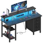 Lufeiya Black Gaming Desk with LED Lights and Power Outlets, 47 inch Computer Desk with Fabric Drawers and Storage Shelves, Home Office Desk with Monitor Stand, Black