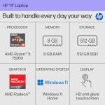 HP 14 inch Laptop, HD Touchscreen Display, AMD Ryzen 5 7520U, 8 GB RAM, 512 GB SSD, AMD Radeon Graphics, Windows 11 Home, Natural Silver, 14-em0499nr