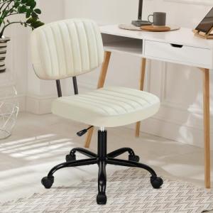 DUMOS Armless Home Office Desk Chair -Small Ergonomic with Low Back Lumbar Support, Height Adjustable PU Leather Computer Task with 360° Swivel Rolling Wheels, for Small Space, Beige White