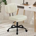 DUMOS Armless Home Office Desk Chair -Small Ergonomic with Low Back Lumbar Support, Height Adjustable PU Leather Computer Task with 360° Swivel Rolling Wheels, for Small Space, Beige White