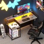 AODK Computer Desk, 48 Inch Gaming Desk with Led Lights & Power Outlet, Office Desk with Printer Storage Shelves, Reversible Desk with Monitor Shelf & Headphone Hook, Grey Oak