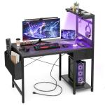 Grandder Gaming Desk 40 Inch with Power Outlet and LED Light, Computer Desk with Reversible Shelves and Storage Drawer, Pc Small Desk for Home Office Table with Bag, Carbon Fiber Black