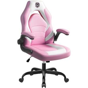 BestGlory Gaming Chair, Leather High-Back Home Office Desk Chair with Flip-Up Arms, Ergonomic Padded Rolling Wheels Swivel Tilt Gamer Computer Chair with Comfy Lumbar Support, Height Adjustable, Pink