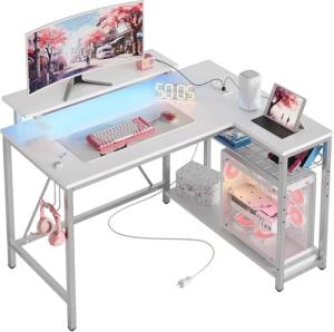 Bestier White Computer Desk with Charging Port & LED Strip,42 inch Modern Gaming Desk with Reversible Storage Shelves,Small L Shaped Desk with Hooks for Home Office