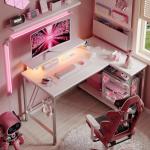 Bestier White Computer Desk with Charging Port & LED Strip,42 inch Modern Gaming Desk with Reversible Storage Shelves,Small L Shaped Desk with Hooks for Home Office