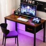 Ingdgnoso Computer Desk with Drawer, 47 Inch Home Office Work Desks, Modern Writing Study PC Desk Gaming Table for Small Place Bedroom, Thickened Tabletop and Stable Metal Frame Leg（Rustic Brown）