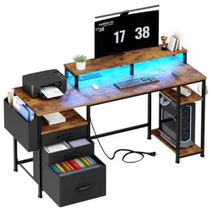 Lufeiya Gaming Desks with Led Lights and Power Outlets, 55 Inch Study Writing Computer Desk with Fabric File Drawers Cabinet for Bedroom, Home Office Desk with Shelves Monitor Stand, Rustic Brown