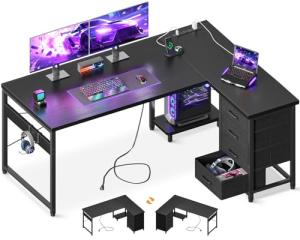 AODK L Shaped Gaming Desk with 4 Drawers, 53" Reversible Home Office Desks with Power Outlets, L Shaped Computer Desk with USB Charging Port and Host Stand, Corner Desk, Easy to Assemble, Black