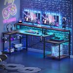 Bestier 71.5 inch Computer Desk with Power Outlets, L Shaped LED Home Office Desk with Long Monitor Stand, Large Corner Desk with Storage Shelf, Cup Holder & Headset Hooks, Modern Simple Table