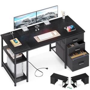 AODK 51 Inch Computer Desk with Fabric Drawers & USB Power Outlets, Reversible Home Office Desk with Storage Shelves, Work from Home, Modern Work/Writing/Study Table for Bedroom, Black