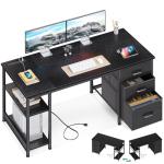 AODK 51 Inch Computer Desk with Fabric Drawers & USB Power Outlets, Reversible Home Office Desk with Storage Shelves, Work from Home, Modern Work/Writing/Study Table for Bedroom, Black