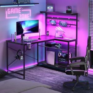 Bestier 42 L Gaming Desk,Computer Desk with Power Outlets, LED Lights, Reversible Corner Desk with 4-Tier Shelves,Cup Holder & Hook Carbon Fiber Black