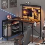 Bestier 42 L Gaming Desk,Computer Desk with Power Outlets, LED Lights, Reversible Corner Desk with 4-Tier Shelves,Cup Holder & Hook Carbon Fiber Black