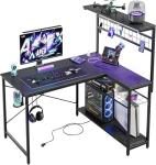 Bestier 42 L Gaming Desk,Computer Desk with Power Outlets, LED Lights, Reversible Corner Desk with 4-Tier Shelves,Cup Holder & Hook Carbon Fiber Black