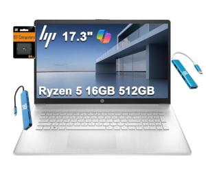 HP 17 Laptop (17.3" FHD Anti-Glare, AMD Ryzen 5 (> Intel i7-1165G7), 16GB RAM, 512GB SSD) for Business, Home, Student, Long Battery Life, Webcam, Fast Charge, HDMI, IST Hub, Win 11 Pro, Silver